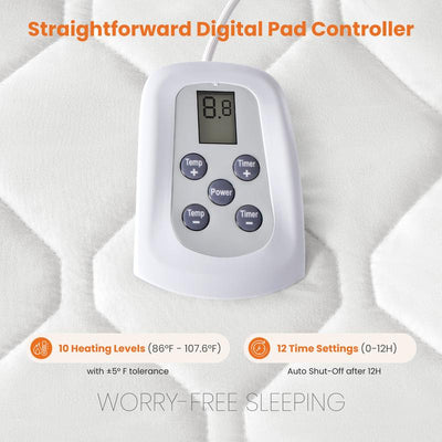 Heated Mattress Pad – Quilted Electric Bed Warmer with 12 Heat Settings, Dual Controllers (Queen/King), 10-Hour Auto Shut-Off, Machine Washable